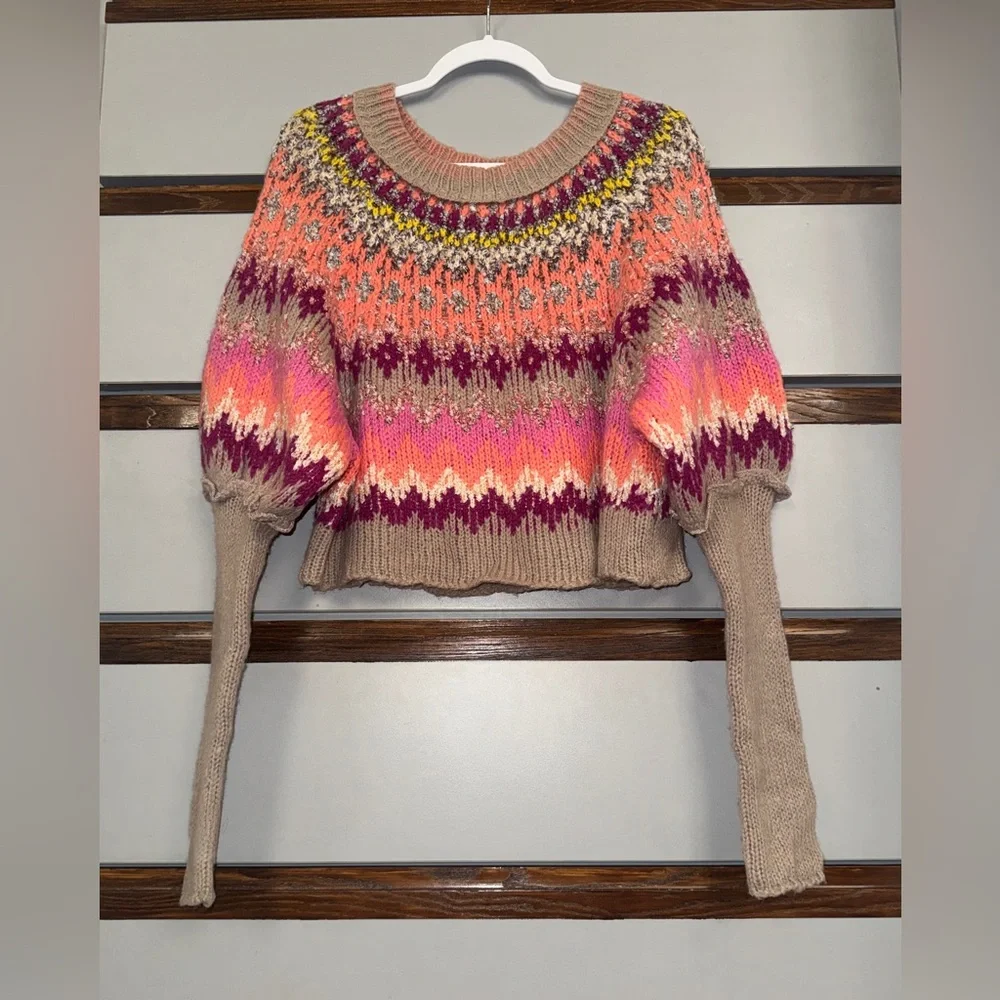 Free People Home For The Holidays Sweater Raspberry Combo Size Medium NWOT - Picture 5 of 6